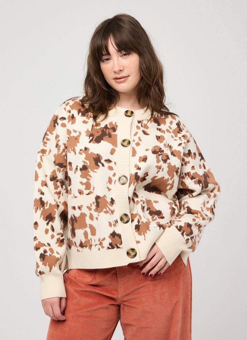 Alder Cow Intarsia Knitted Cardigan - Model Front
