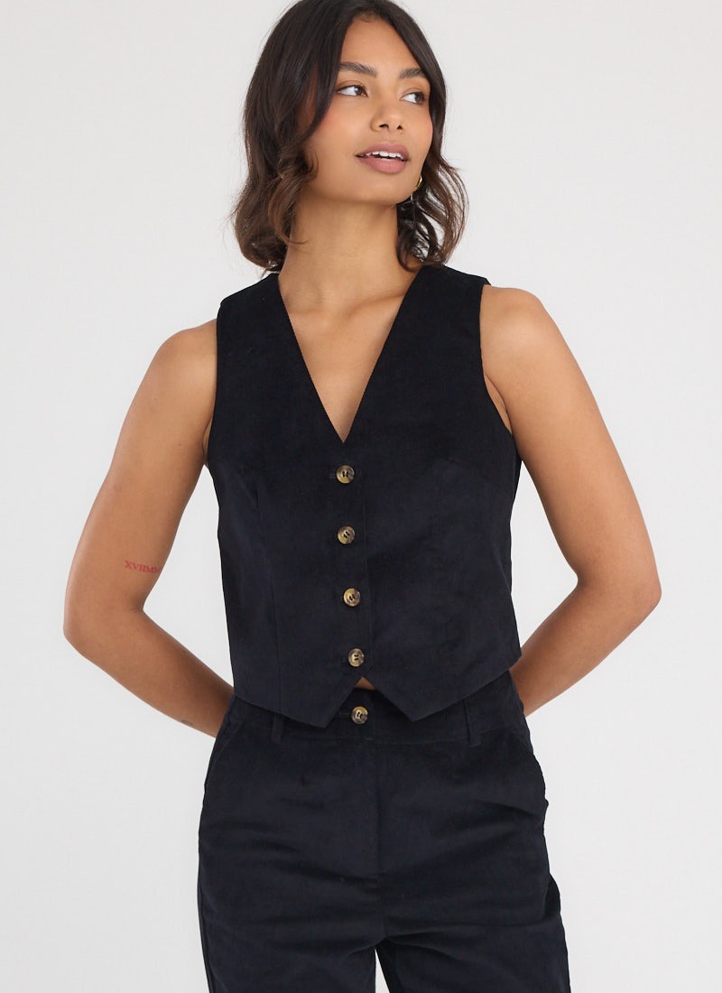 Annie Velvet Waistcoat - Black - Model Front Close Up