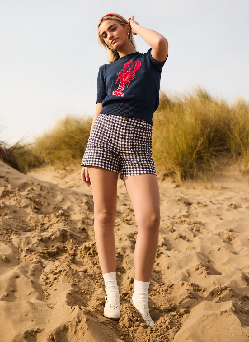 Pipette Gingham High Waist Shorts - Model Front Size 10 With Clare Knit