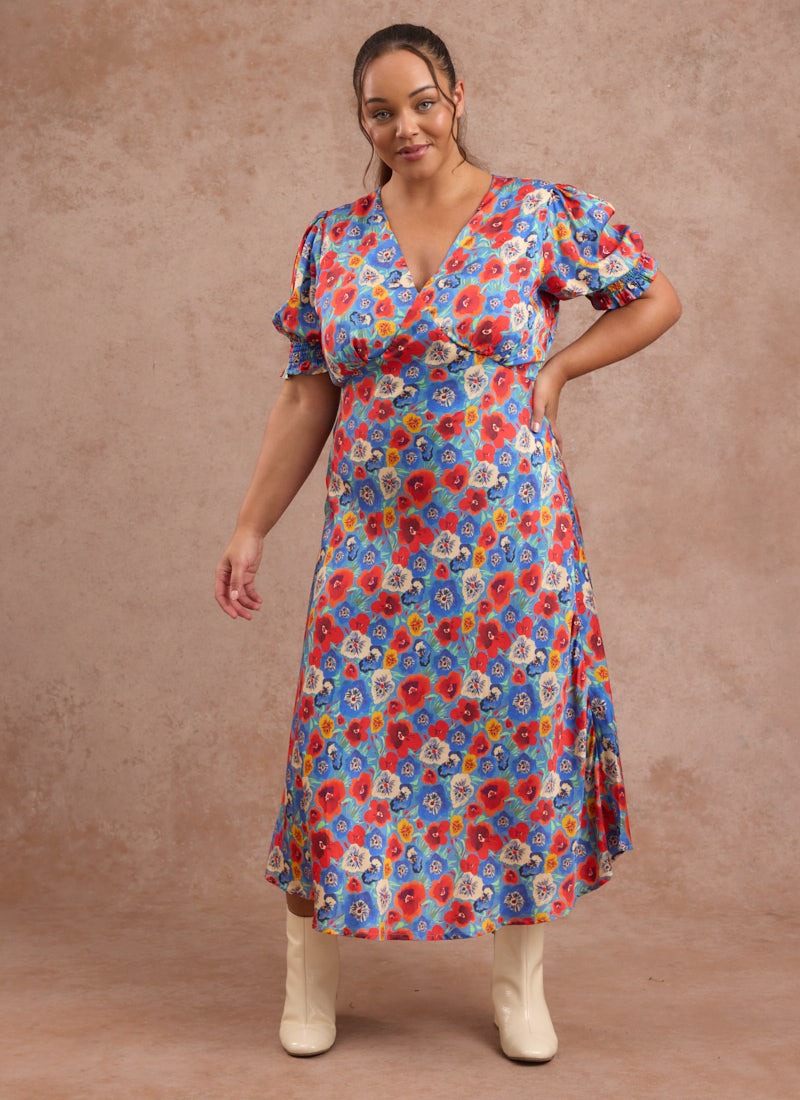 Colleen Pansy Floral Print Midi Dress - Model Front