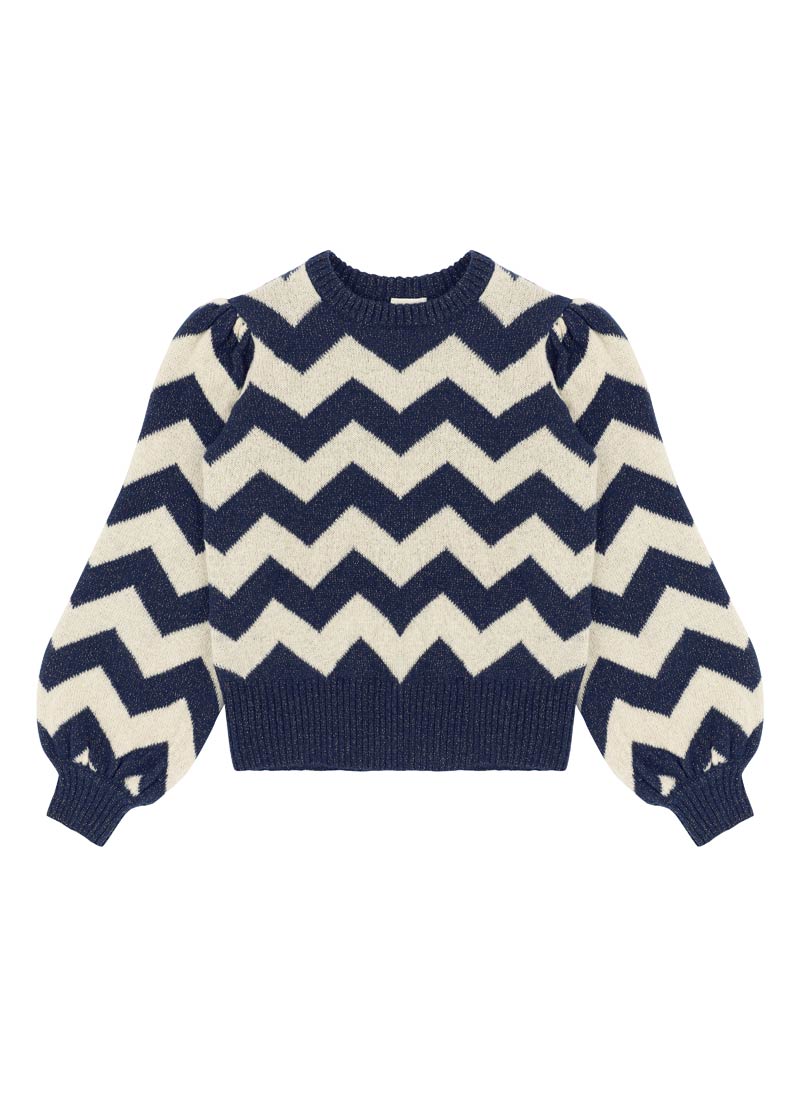 Dita Chevron Stripe Sparkly Knitted Jumper - Navy - Model Front 