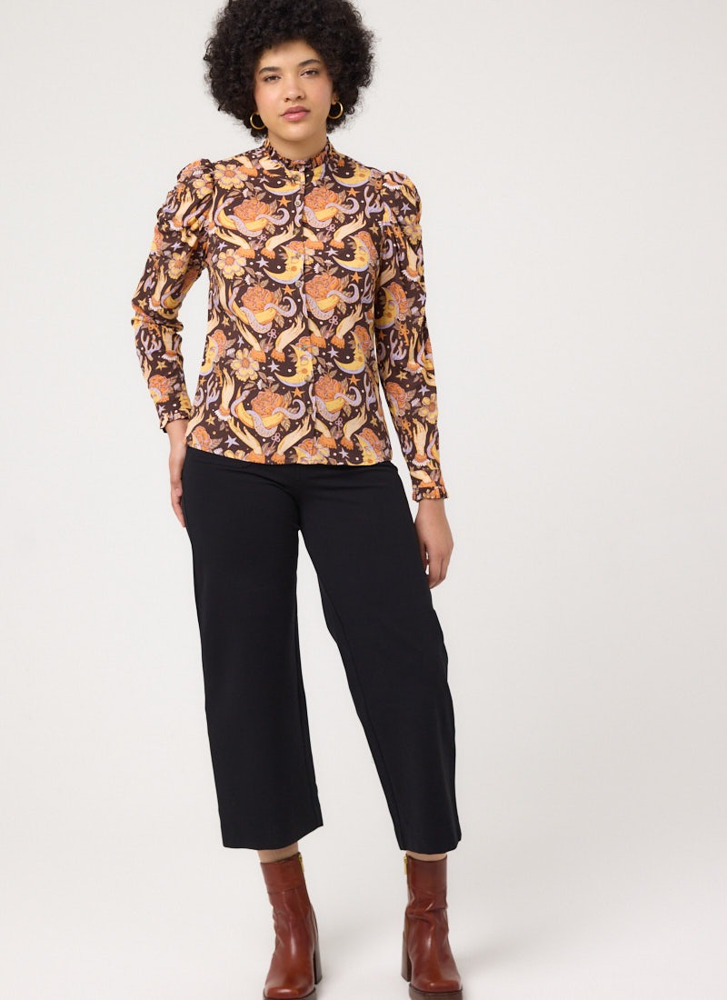 Elizabeth Mystical Moon Print High Neck Blouse - Model Front