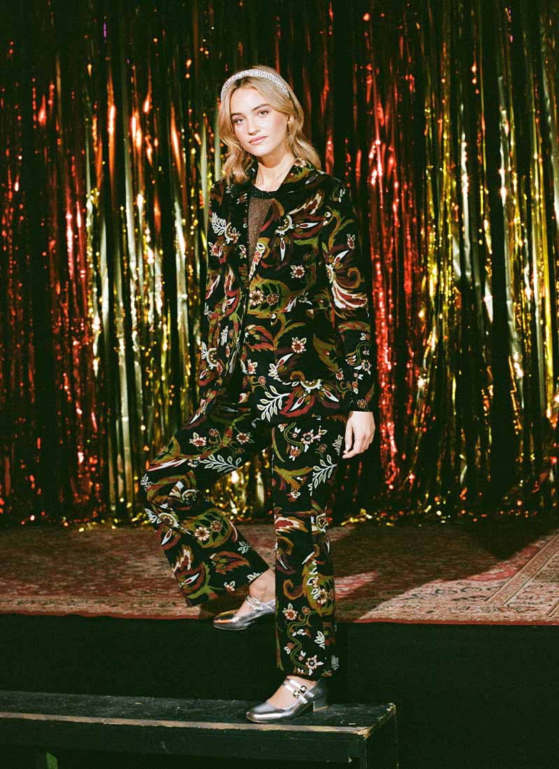 Richmond Paisley Print Velvet Flared Trousers - Model Front Full Length