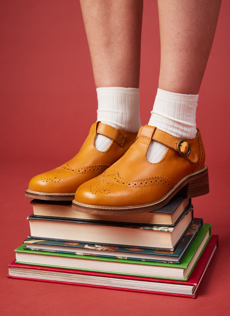 Grenoble Leather T-Bar Brogues - Tan - Model Front