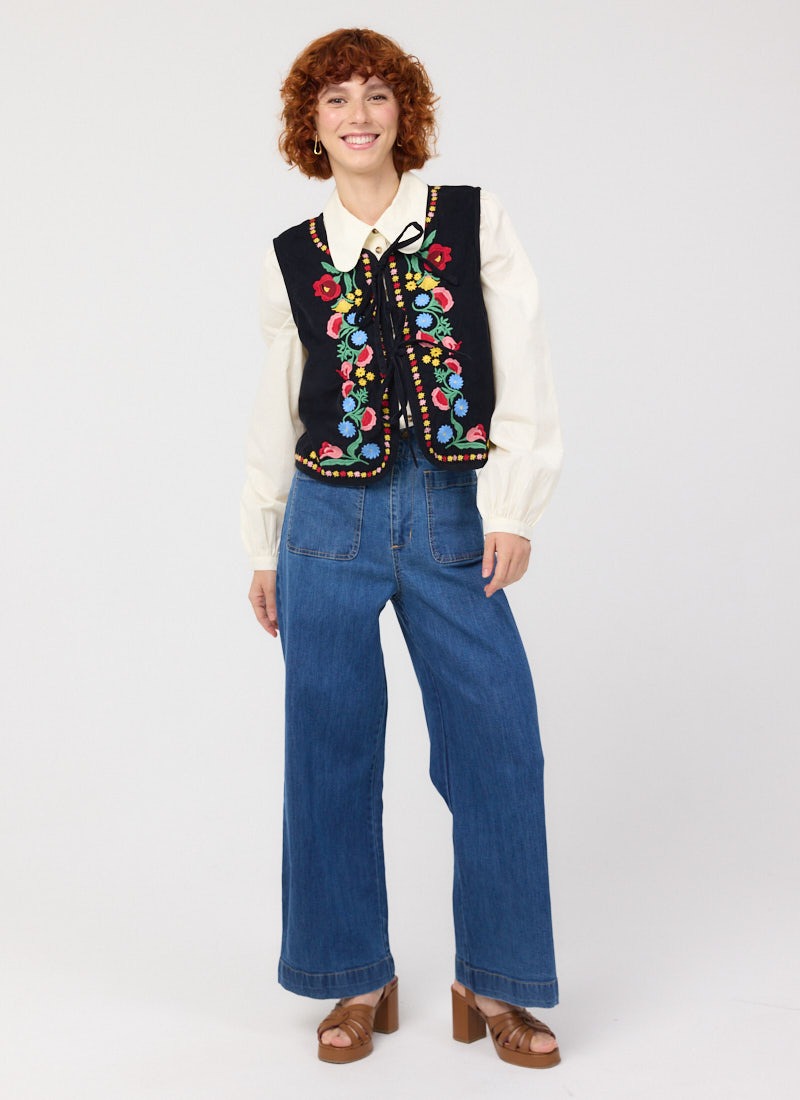 Joss Embroidered Tie Front Gilet - Black