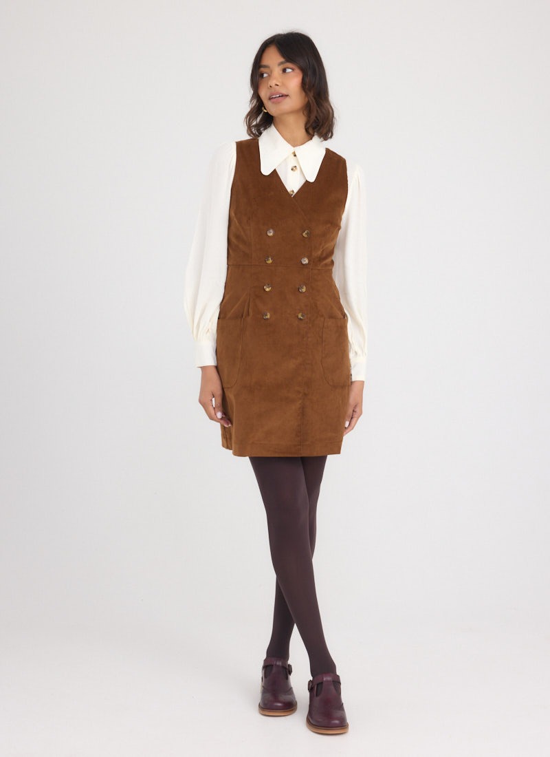 Kendal A-Line Buttoned Pinafore Dress - Brown - Model Front Full Length