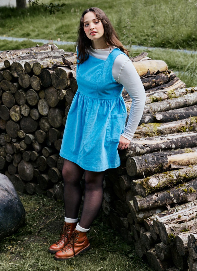 Lainey Square Neck Corduroy Pinafore Dress - Heritage Blue - Model Front