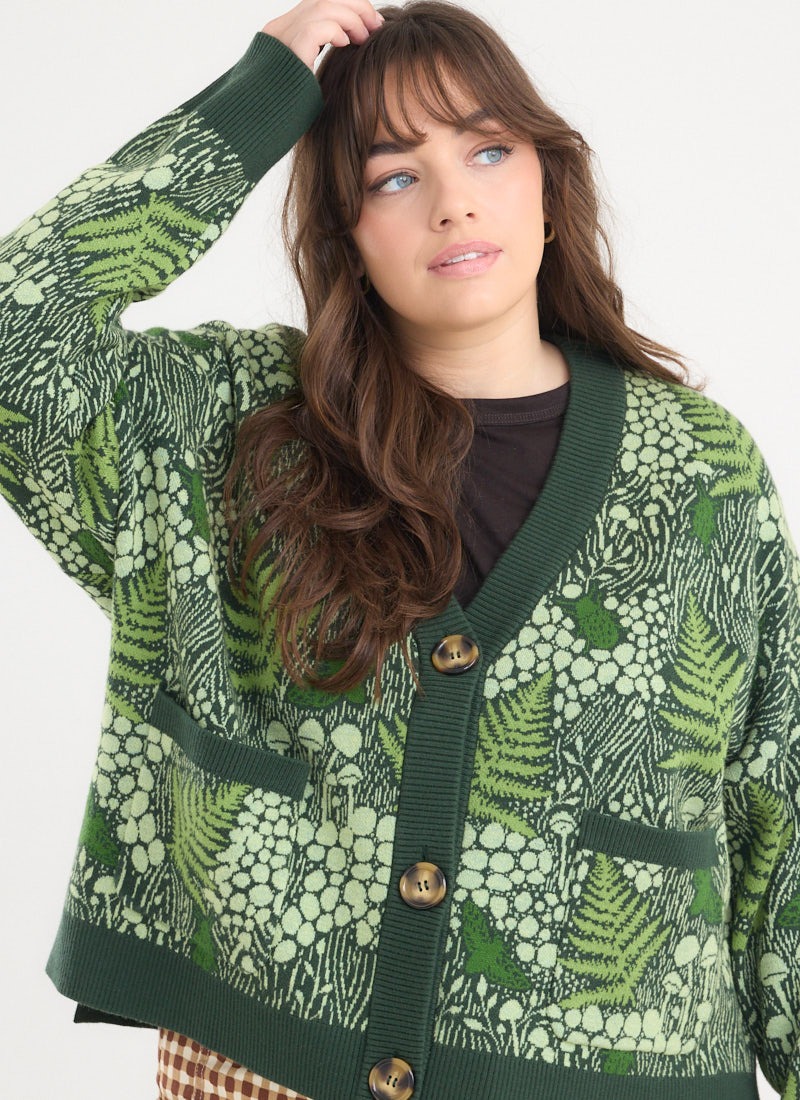 Lovelace Leafy Forest Intarsia Oversized Cardigan - Model Front