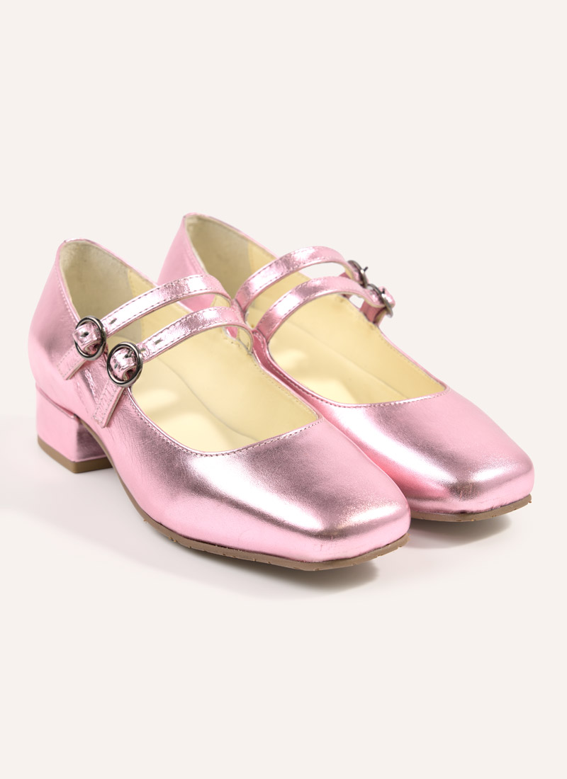Paris Metallic Leather Mary Jane Shoes - Pink