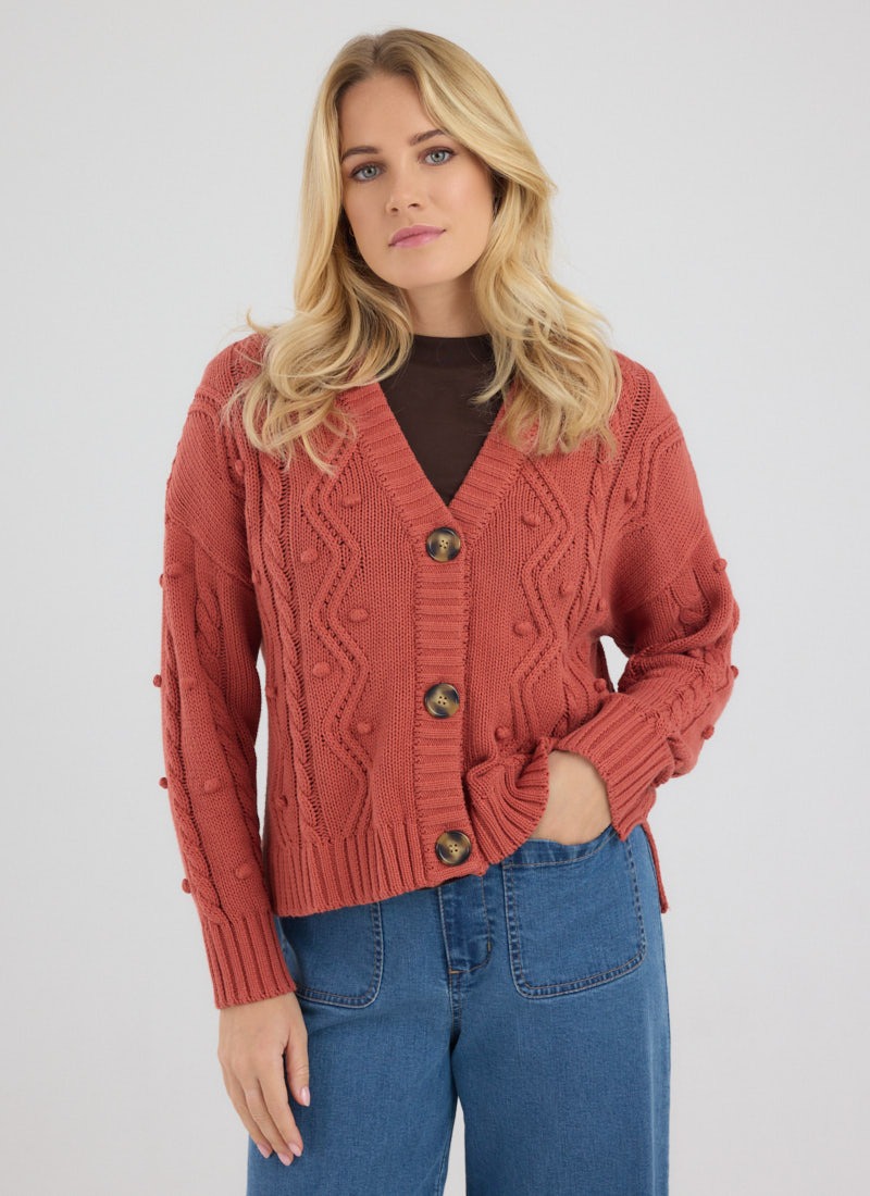 Quincy Cable Stitch Oversized Cardigan - Rust - Model Front