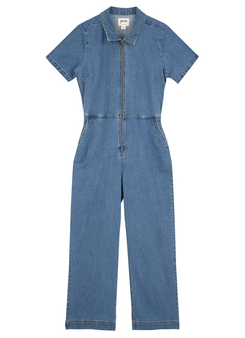 Robin Short Sleeve Collared Boilersuit - Denim - Product Front