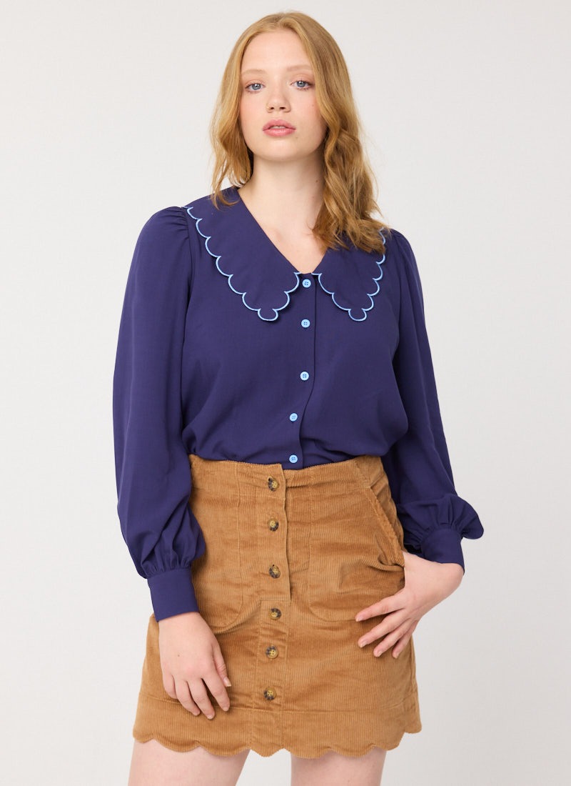 Sarah Scallop Hem A-Line Corduroy Mini Skirt - Brown - Model Front