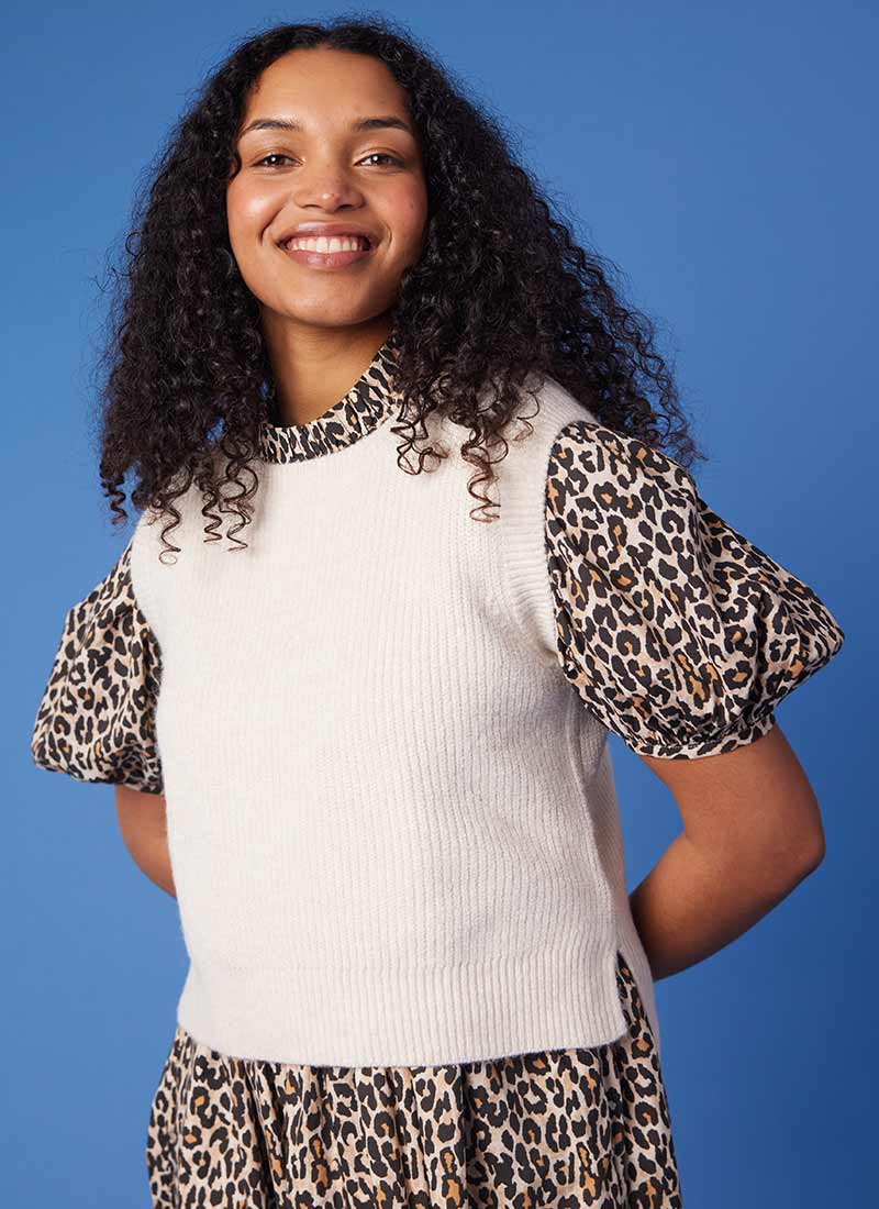 Tanya Round Neck Cardigan Stitch Tank Top - Cream  - Product Front